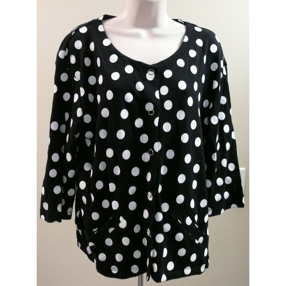Onque Casuals Black With White Dots button up 3/4 Sleeve Stretch top shirt sx XL